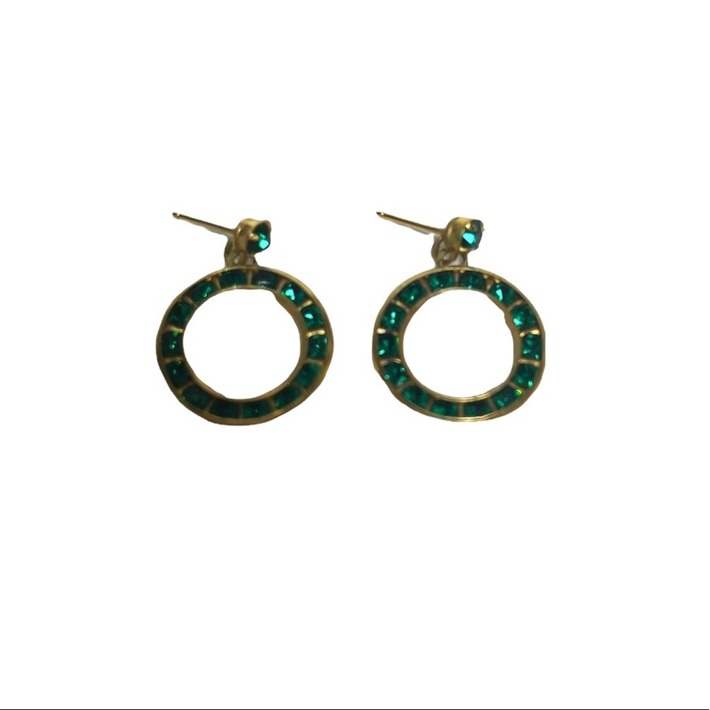 Vintage Faux Emerald Drop Hoop Gold Tone Earrings - Picture 8 of 9